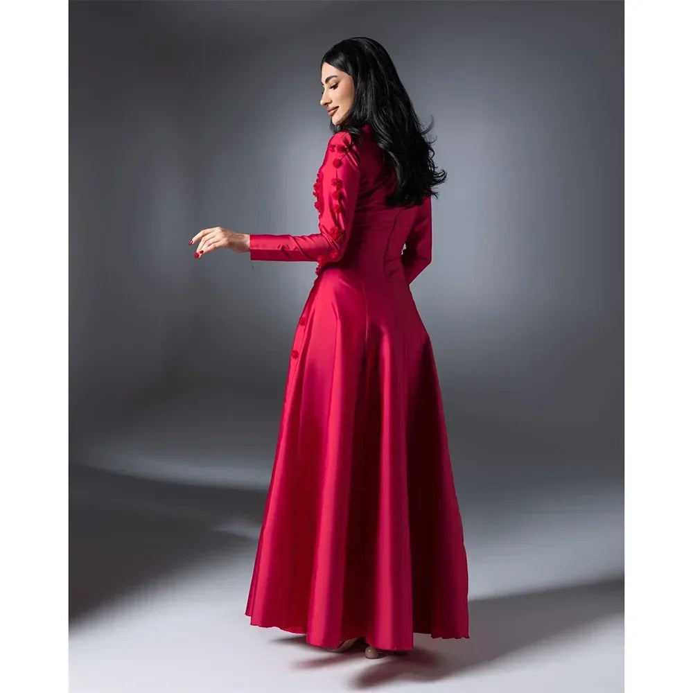 Red Evening Dresses Customized Elegant Satin  A-line Draped Flowers Homecoming Dresses Long Sleeve Party Dresses for Special Ocn