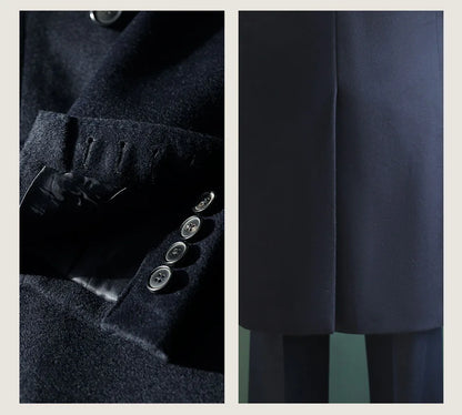 Men's Overcoat Warm Thick 100% Wool Double Breasted Navy Blue Slim Fit Luxury Business Long Coat Custom