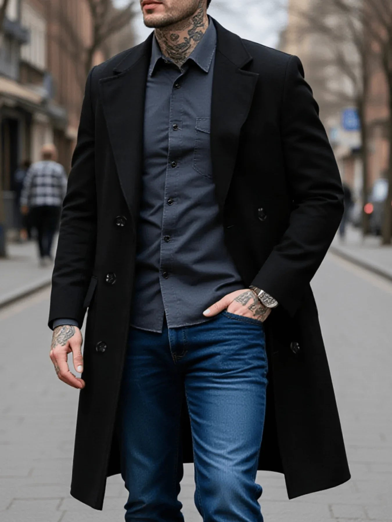 New Style Men's  Overcoat Double-Breasted Woolen Jacket: Thickened Lined Coats For Winter Chill Protection - Solid Color