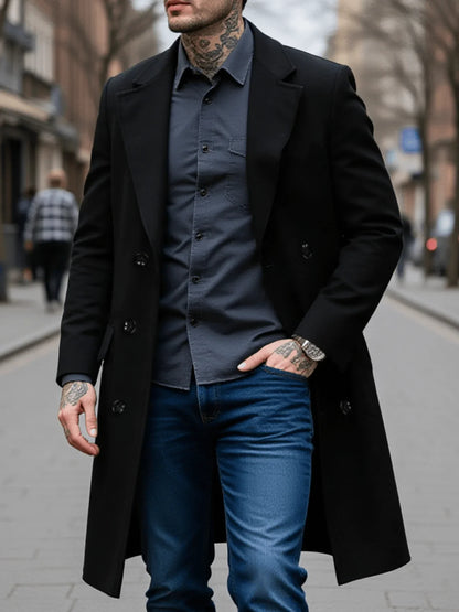 New Style Men's  Overcoat Double-Breasted Woolen Jacket: Thickened Lined Coats For Winter Chill Protection - Solid Color