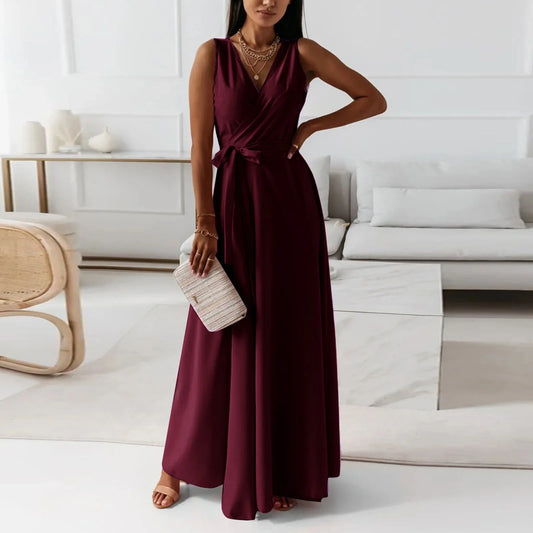 dresses for women elegant party dresses V-neck Sleeveless Belt Evening Dresses  Solid Color Solid Color dress vestidos femenino