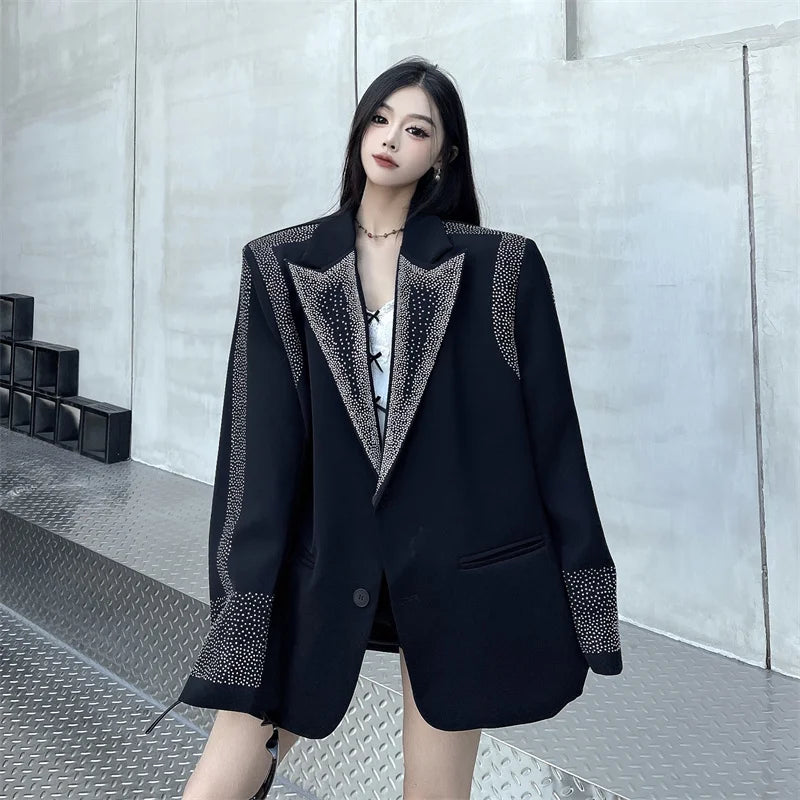 Women's BF Oversize Coats Loose Casual Single-Breasted Retro Beaded Jacket Office Lady Outerwear Autumn Winter