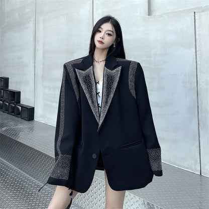 Women's BF Oversize Coats Loose Casual Single-Breasted Retro Beaded Jacket Office Lady Outerwear Autumn Winter