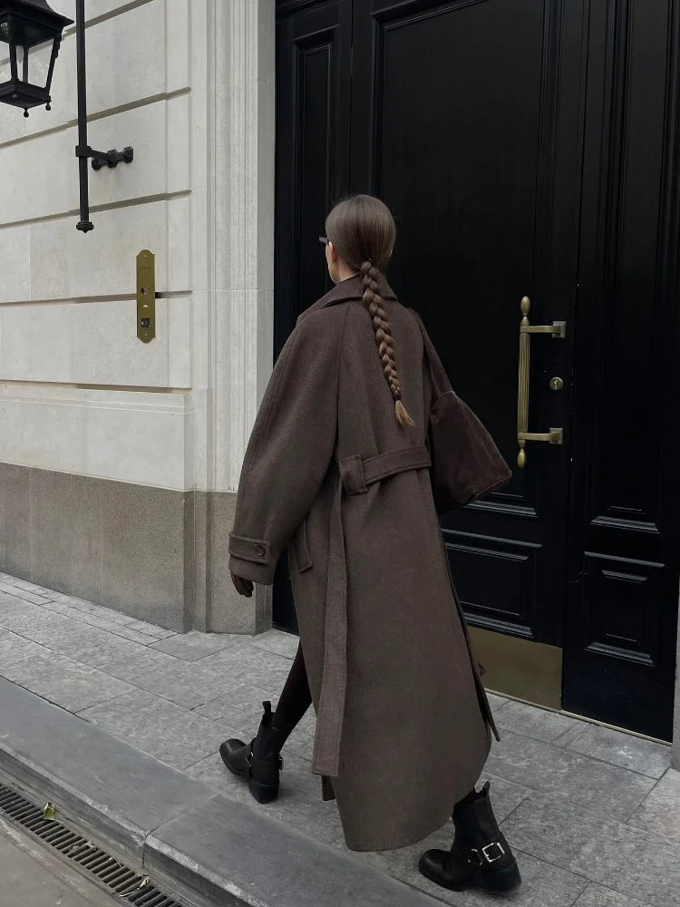 Elegant Woolen Women's Long Coat Long Sleeve Turn-down Single Breasted Female Overcoat 2025 Autumn Winter Chic Casual Lady Coats