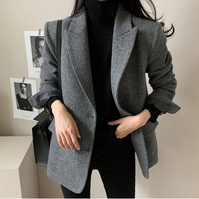 Wool Women Coats Jackets Blends Turn Down Collar Coat Thick Warm Y2k Streetwear Jacket Work Outerwear Slim Fit Autumn Winter