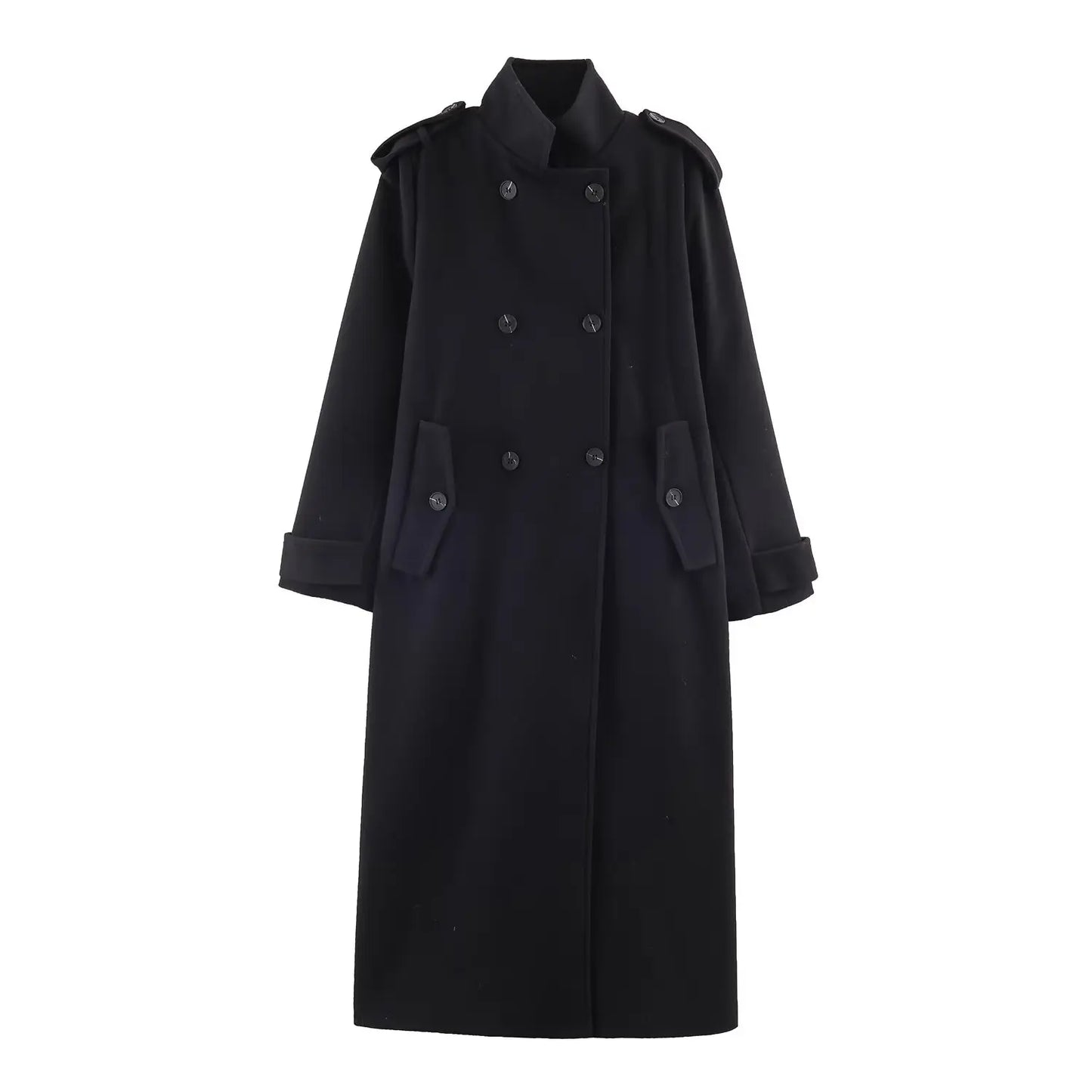 Women’s Stand Collar Long Coats 2025 Winter New Double-Breasted Woolen Coat Vintage Simple Outerwear Fashion Female Overcoat