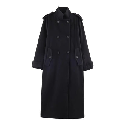 Women’s Stand Collar Long Coats 2025 Winter New Double-Breasted Woolen Coat Vintage Simple Outerwear Fashion Female Overcoat