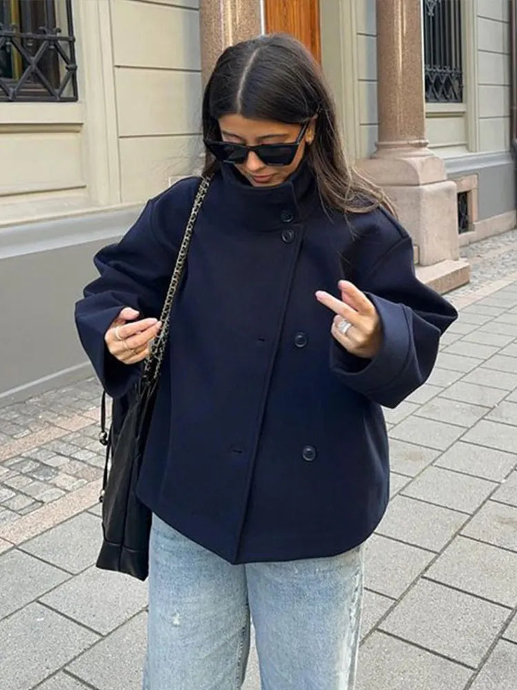 Casual Women's Woolen Blend Coats Women Stand Collar Single-breasted Long Sleeve Thick Warm Jacket 2025 Autumn New in Outwear