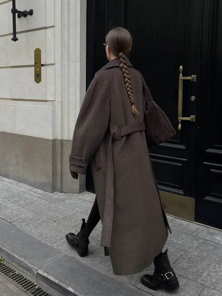 Elegant Woolen Women's Long Coat Long Sleeve Turn-down Single Breasted Female Overcoat 2025 Autumn Winter Chic Casual Lady Coats