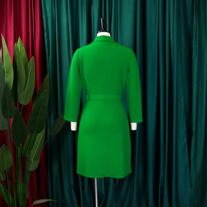 Women’s Elegant Notched Collar Dress, Long Sleeve Pleated Mid-Calf Dress with Waist Sash