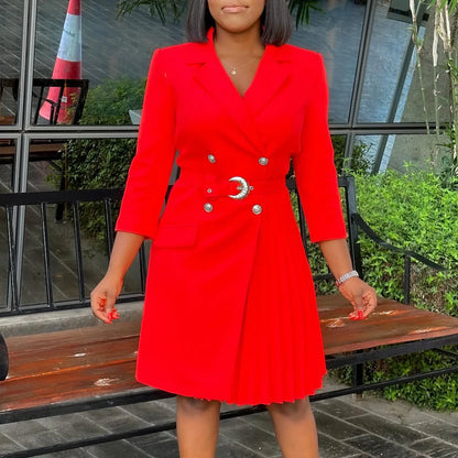 Women’s Elegant Notched Collar Dress, Long Sleeve Pleated Mid-Calf Dress with Waist Sash