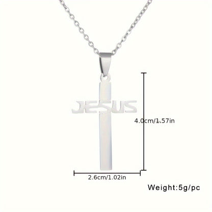 1pc Jesus Letter Cross Pendant Necklace, Stainless Steel Personality Design Fashion Metal Necklace Jewelry Gift