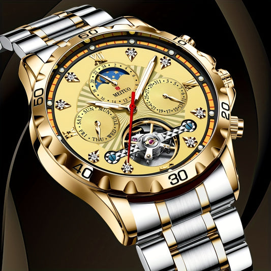 Men's Automatic Watch Stainless Steel Strap Three Dial Date Moon Phase Week Mechanical Watch, Ideal choice for Gifts