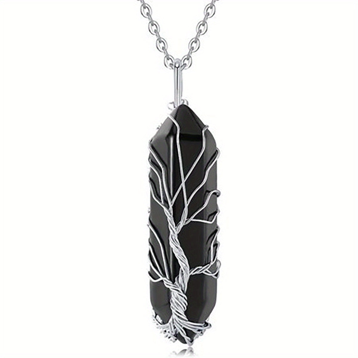 1pc Tree Of Life Wire Wrapped Crystal Point Pendant Necklace, Reiki Healing Crystal Stone Necklaces, Natural Hexagonal Gemstone Quartz Jewelry For Women