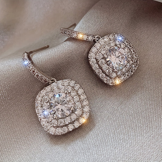 Exquisite Square Shiny Zircon Dangle Earrings - Retro Elegant Style, Silver Plated, Hypoallergenic, Wedding Banquet Accessories, Ideal Gift for Her, Fashion Jewelry for Women
