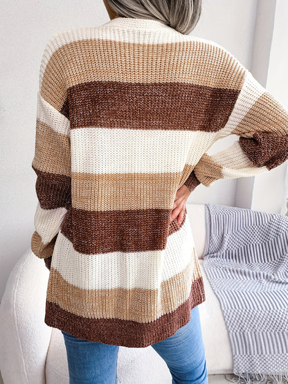 Cozy Striped Colorblock V-neck Cardigan - Super-soft Knit, Loose Fit, Dropped Shoulder - Trendy Womens Winter Wear for Casual Chic