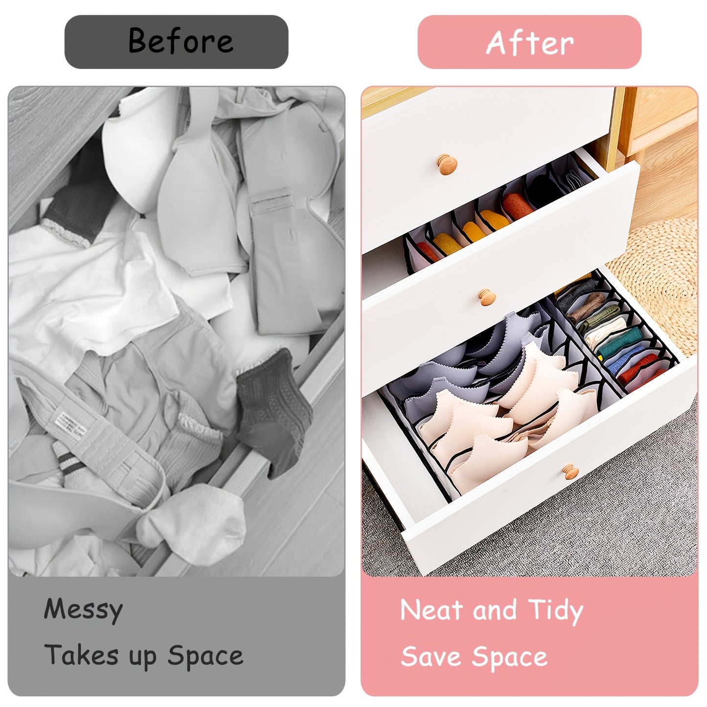 5 Pack Foldable Nylon Bra & Underwear Organizer Drawer - Multi-Cell Storage Suitable for Women with Bra, Lingerie, Sock & Hosiery Compartments - Space-Saving Closet Organizer (Inserts Easily, Durable)