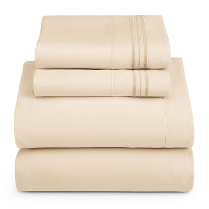3/4pcs Beige Synthetic Fiber Sheet Set, Soft Brushed Microfiber Luxury Bedding Set, Suitable for Bedroom Rooms, Including 1 Sheet + 1 Sheet + 1/2 Pillowcase (Without Pillow Core), Deep Pockets, Easy to Care For, Not Fading An