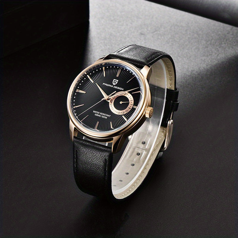 PAGAN DESIGN Fashion Casual Sports Watch Men Stainless Steel Waterproof Quartz Watch Leather Strap