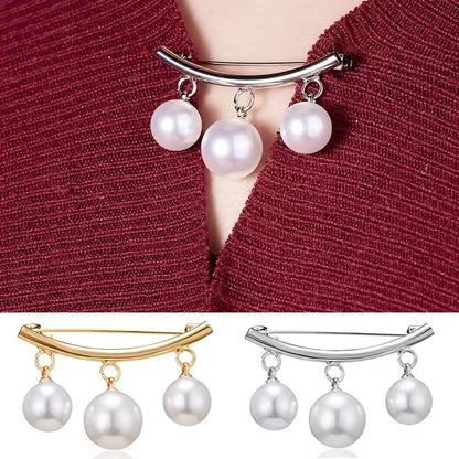 1pc Fashion Pearl Fixed Collar Clip Charm Safety Pin Brooch Sweater Cardigan Clip Chain Brooch Jewelry