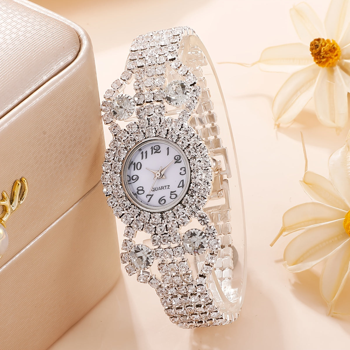 2pcs/set Women's Watch Luxury Rhinestone Quartz Bracelet Watch Elegant Analog Wrist Watch & Bracelet, Gift For Mom Her