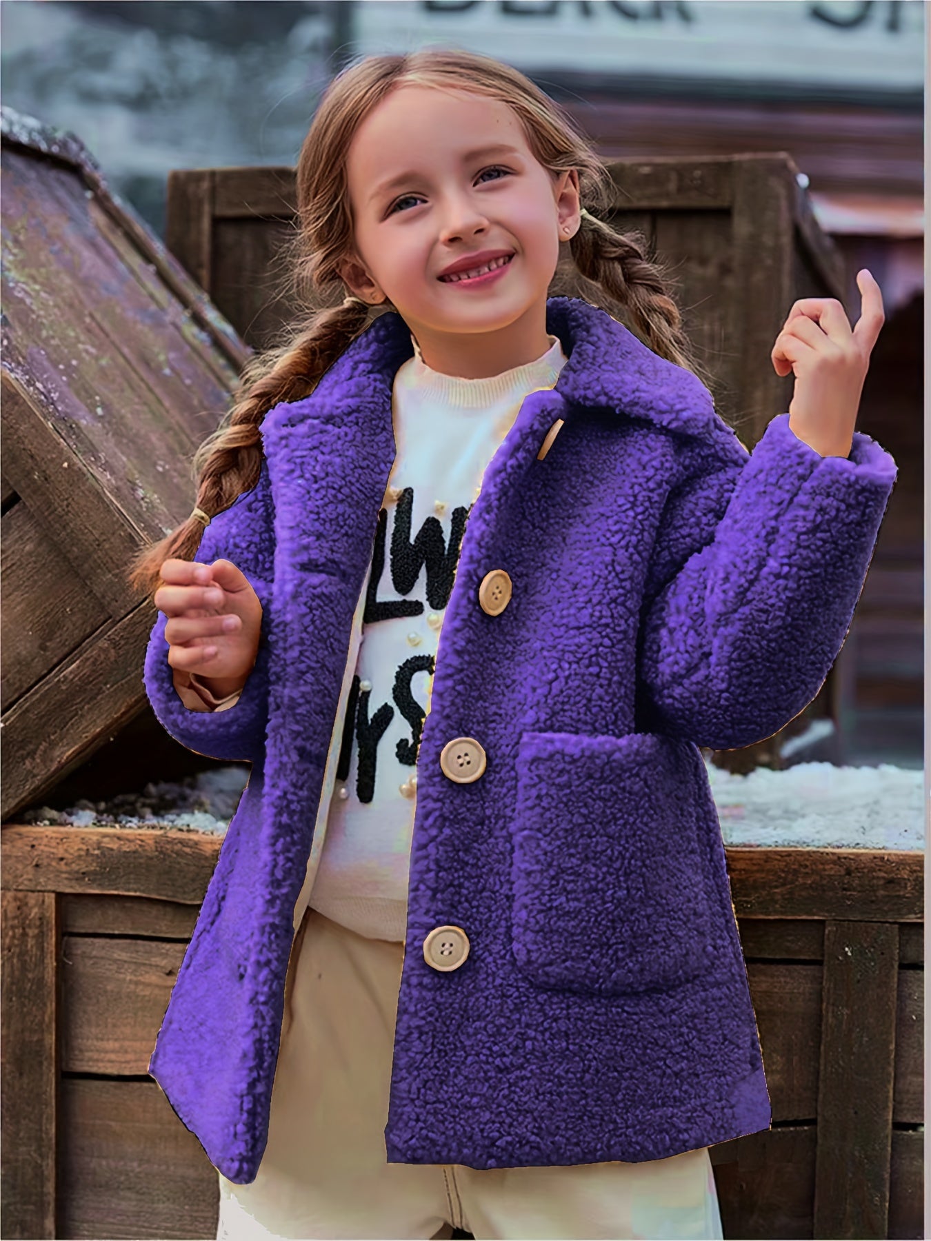 Girls' Lamb Fur Jacket | JOMAKE Korean-Style Lapel Collar, Two-Tone, Warm Windbreaker with Pockets, Lining, Button Closure, Long Sleeves for Winter