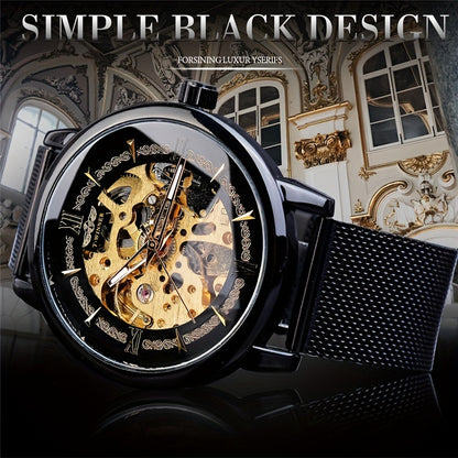 Stainless Steel Automatic Mens Watch - Fashionable Hollow Design, Mesh Strap, Water-resistant for Business & Casual Wear