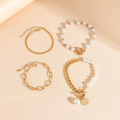 4pcs Golden-Toned Layered Beaded Bracelet Set for Women - Interlocking Chain & Charm Bracelets, Multi-Layered Stackable Jewelry for Casual ttire, Resort Style Boho ccessories (No Maintenance Required) - -Season Layered Look,