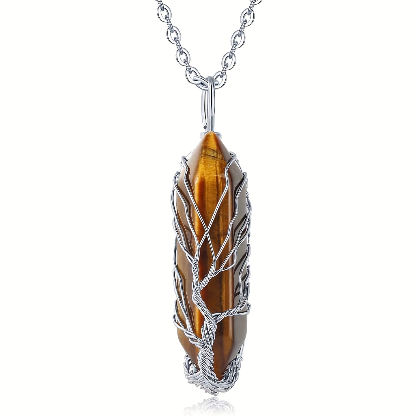 1pc Tree Of Life Wire Wrapped Crystal Point Pendant Necklace, Reiki Healing Crystal Stone Necklaces, Natural Hexagonal Gemstone Quartz Jewelry For Women