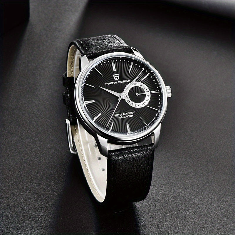 PAGAN DESIGN Fashion Casual Sports Watch Men Stainless Steel Waterproof Quartz Watch Leather Strap