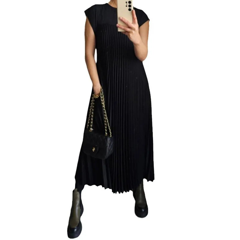 Pleated Dresses O Neck Pullover Dress Women Sexy Vestidos Solid Casual Dress Ankle Length Loose Fit Pockets 2024 Summer Folds