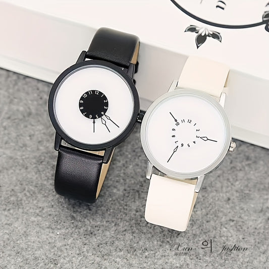 Stylish Round Pointer Quartz Watch - Innovative Analog Display with Durable PU Leather Strap - Perfect Unisex Gift for Women, Men, Teens & Students - Everyday Fashion Accessory