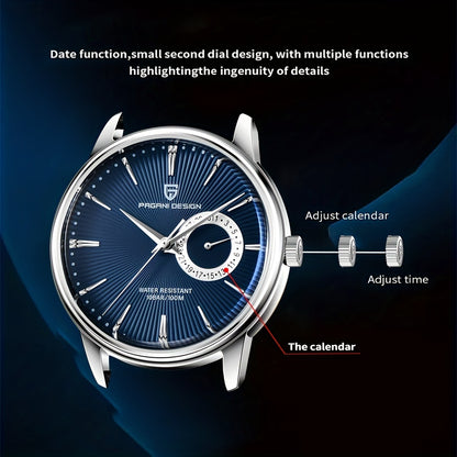 PAGAN DESIGN Fashion Casual Sports Watch Men Stainless Steel Waterproof Quartz Watch Leather Strap