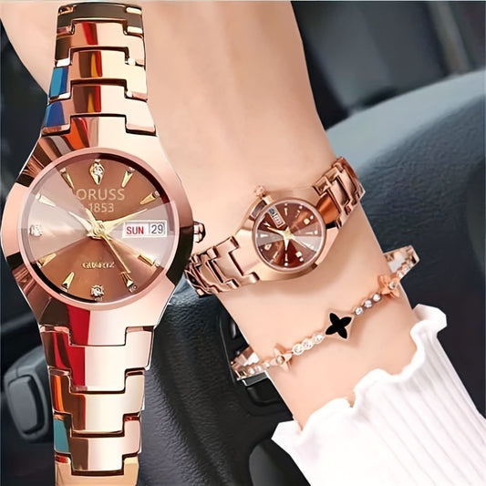 Stylish Rhinestone Dial Quartz Watch - Waterproof, Calendar, Analog Wristwatch for Daily Life, Business, Travel, and Dates