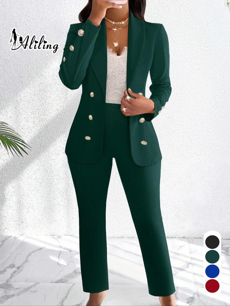 Aliling Women'S Solid Color Blazer & Straight Leg Pants Two-Piece Set, Elegant Fashion Casual Outfits for Work Office Business, Ladies Clothes for Fall & Winter