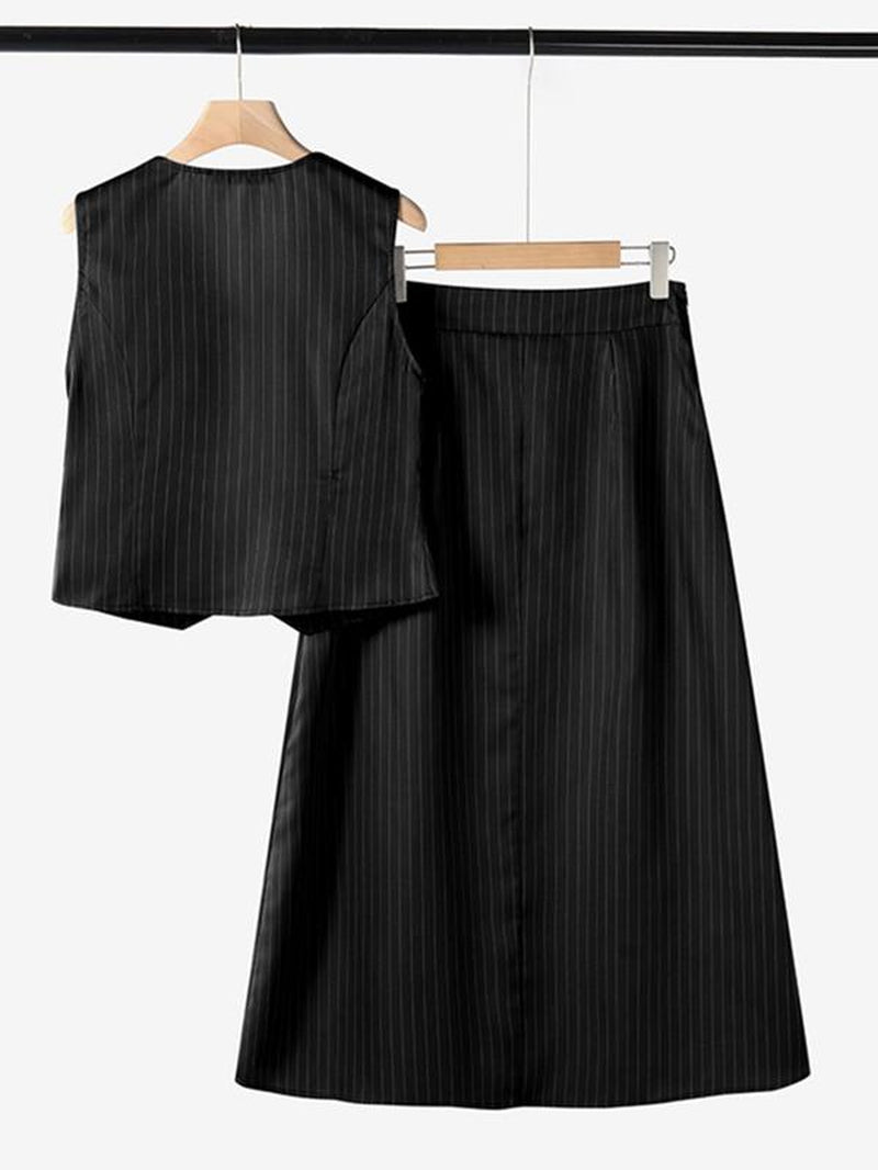 Women'S Striped Print Vest & High Waist Skirt Two-Piece Set, Casual Sleeveless Button Front Top & a Line Skirt for Work Office Business, Ladies Summer Clothes