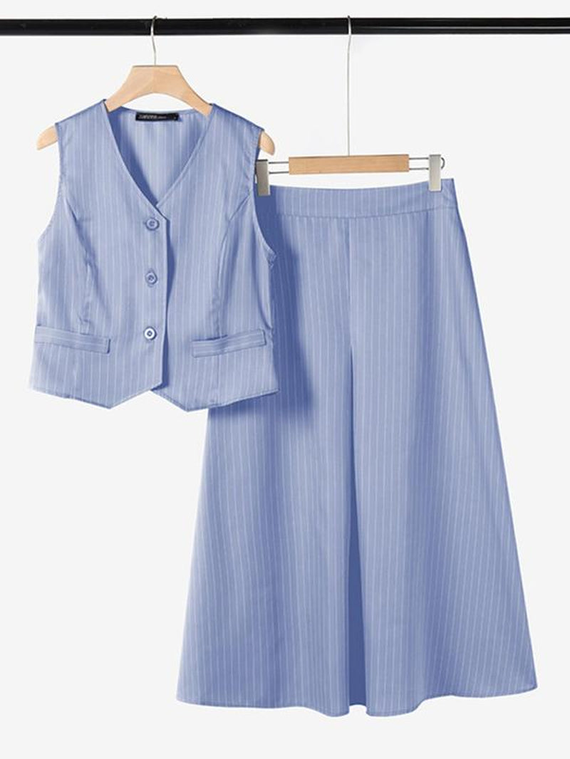 Women'S Striped Print Vest & High Waist Skirt Two-Piece Set, Casual Sleeveless Button Front Top & a Line Skirt for Work Office Business, Ladies Summer Clothes