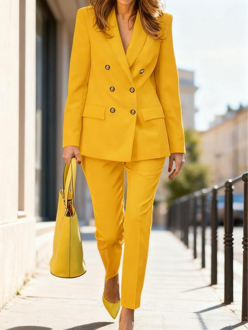 Two-Piece Set Women'S Plain Double Button Lapel Blazer & Elastic Waist Suit Pants Set, Elegant Fashion Casual Outfits for Work Office Business, Ladies Fall & Winter Clothes