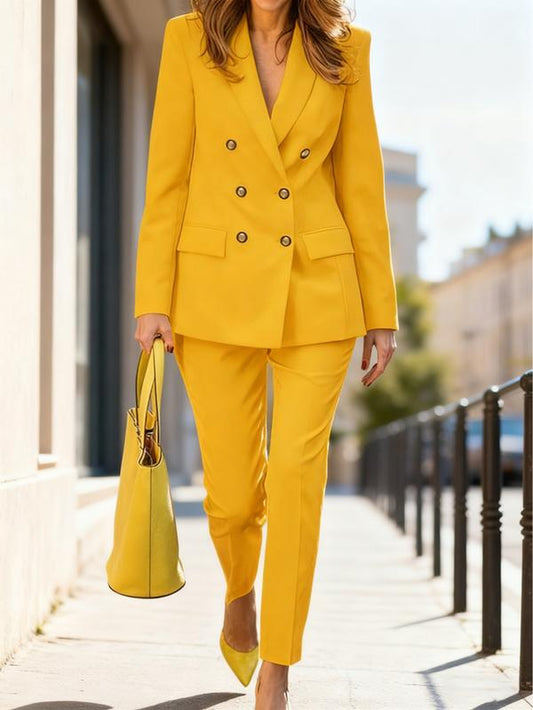 Two-Piece Set Women'S Plain Double Button Lapel Blazer & Elastic Waist Suit Pants Set, Elegant Fashion Casual Outfits for Work Office Business, Ladies Fall & Winter Clothes