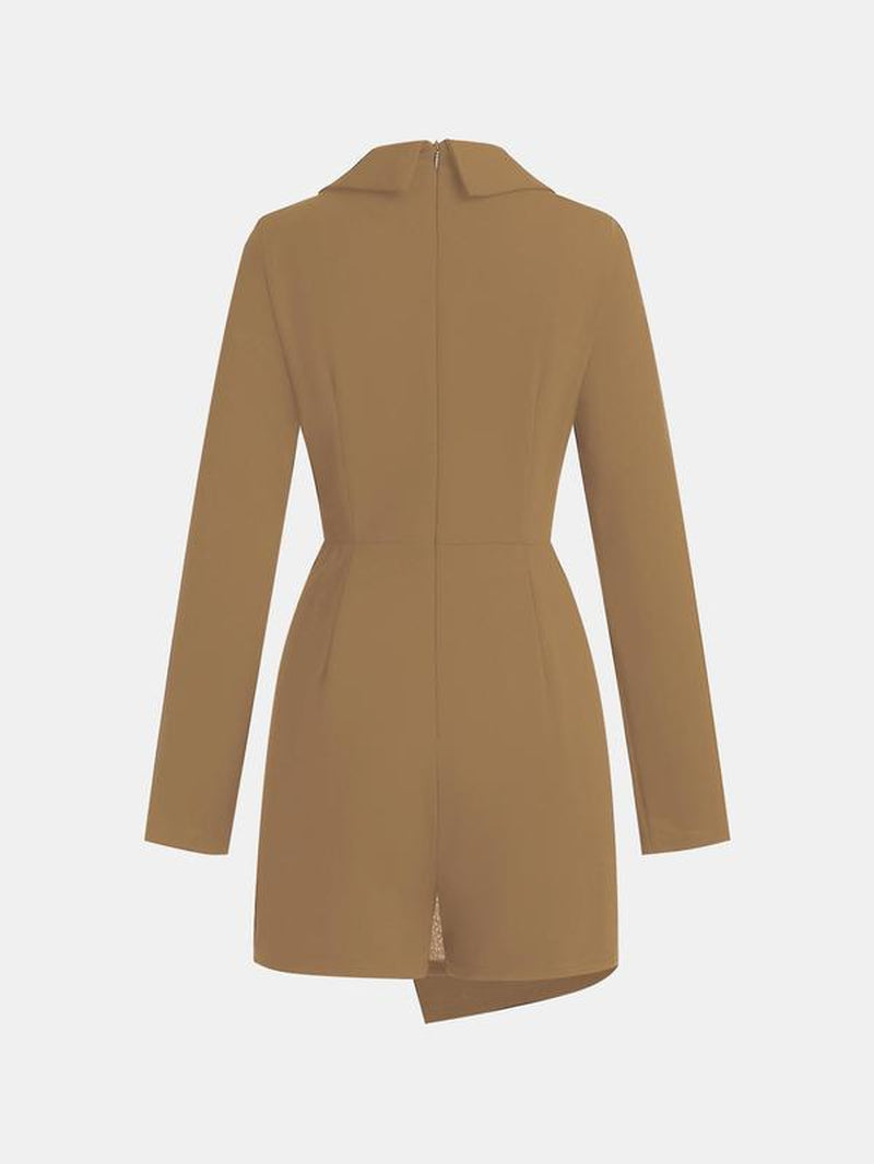 YOZY Women'S Solid Button Shawl Collar Romper, Elegant Asymmetrical Long Sleeve Zipper Romper for Work Office Business, Ladies Clothes, Valentine'S Day Gift for Girl