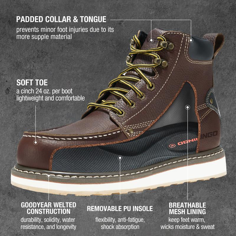 NINGO Men'S Soft Toe Work Boots - 6" Waterproof Slip Resistant Safety Shoes for Construction & Industrial Work