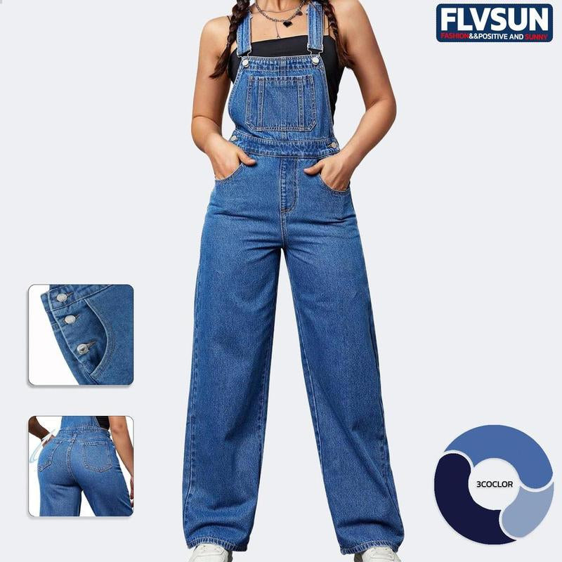 Flvsun- Women'S Denim Overalls, Casual Adjustable Strap Denim Overalls for Daily Wear, Ladies Clothes for All Seasons Overall Romper