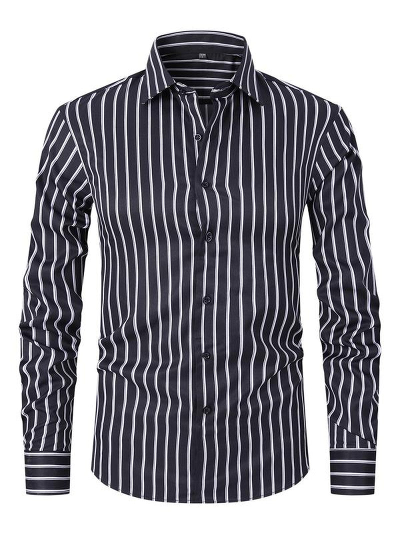 Men'S Striped Print Button Front Shirt, Regular Fit Casual Long Sleeve Collared Top for Spring & Fall, Men'S Clothes for Business Work Daily Wear