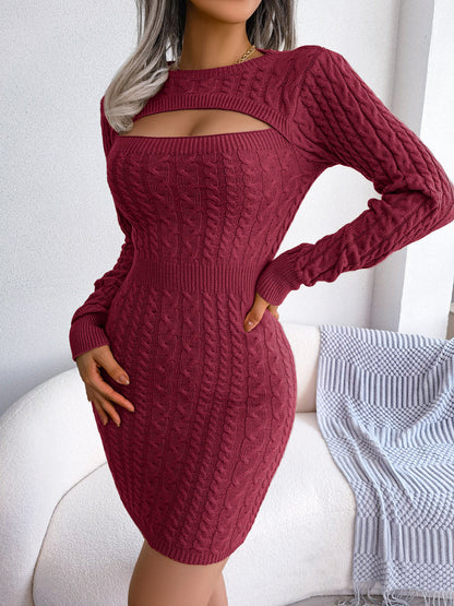Solid Ribbed Knit Keyhole Dress, Elegant Crew Neck Long Sleeve Bodycon Dress - Stretchy & Comfortable Fabric - For Women - Perfect for Parties & Night Out - Ideal Gift for Her