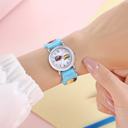 1pc Boys Girls Teen Cute Car Print Round Dial Quartz Watch For Gift Daily Life