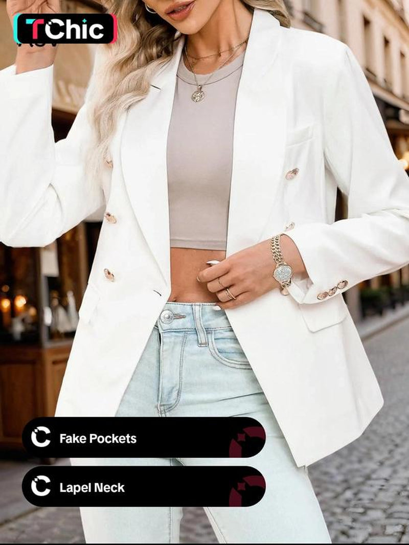 Women'S Solid Double Button Blazer without Tee, Elegant Long Sleeve Lapel Neck Button Front Blazer for Work Office Business, Ladies Spring & Fall Clothes