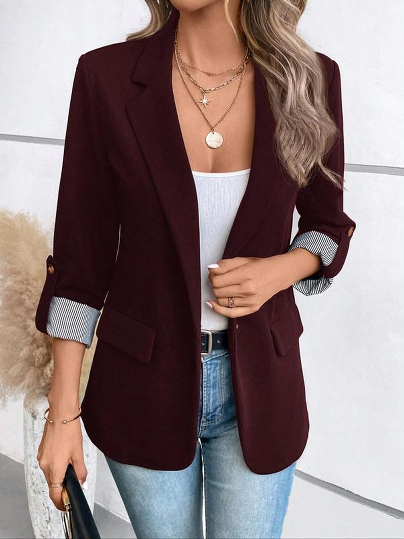 Women'S Solid Color Button Front Roll up Sleeve Blazer Coat, Casual 3/4 Sleeve Lapel Neckline Outerwear for Spring & Fall, Ladies Clothes for Work Office Business
