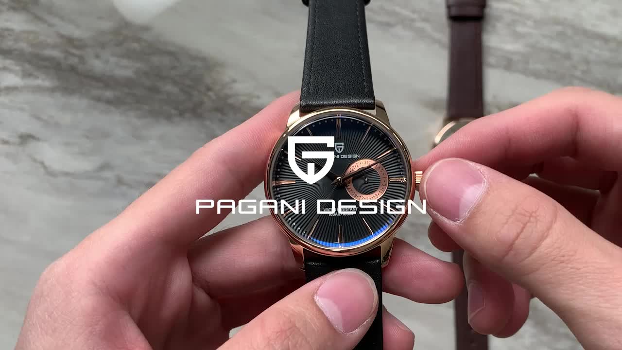 PAGAN DESIGN Fashion Casual Sports Watch Men Stainless Steel Waterproof Quartz Watch Leather Strap