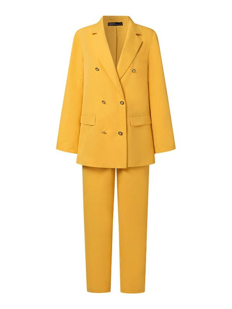 Two-Piece Set Women'S Plain Double Button Lapel Blazer & Elastic Waist Suit Pants Set, Elegant Fashion Casual Outfits for Work Office Business, Ladies Fall & Winter Clothes