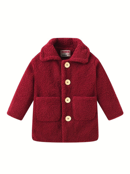 Girls' Lamb Fur Jacket | JOMAKE Korean-Style Lapel Collar, Two-Tone, Warm Windbreaker with Pockets, Lining, Button Closure, Long Sleeves for Winter